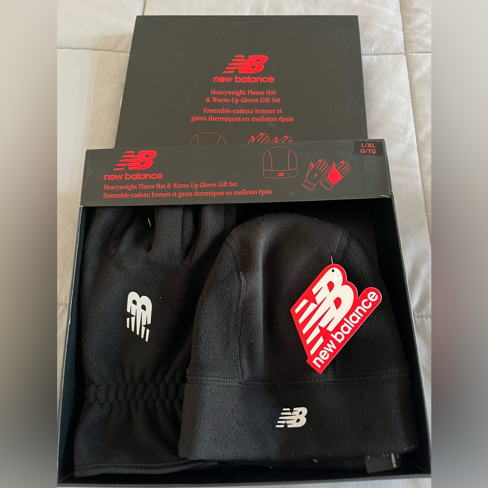 New Balance Black and Red Fleece Hat and Gloves Set